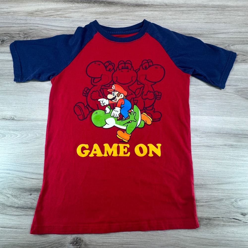 Nintendo Super Mario‎ Yoshi Game On Graphic Raglan T-Shirt Red Blue Kids Size 14